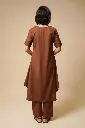 V-NECK CENTER PLEATED KURTA SET (BROWN)